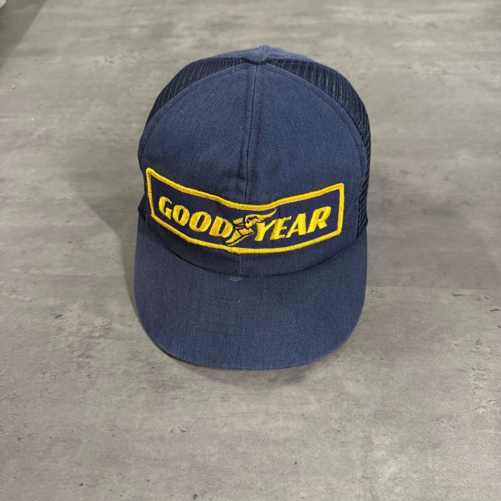 Vintage 80s Swingster Goodyear Snapback Trucker Hat Navy Blue Mesh Racing Cap
